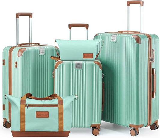 Luggage Set 3 Piece Luggage with PC+ABS Hardshell TSA Lock Spinner Wheels Carry on Lightweight Suitcase，Cup Holder,YKK Zippers (Green, 5 piece sets(20/24/28/DB/TB))