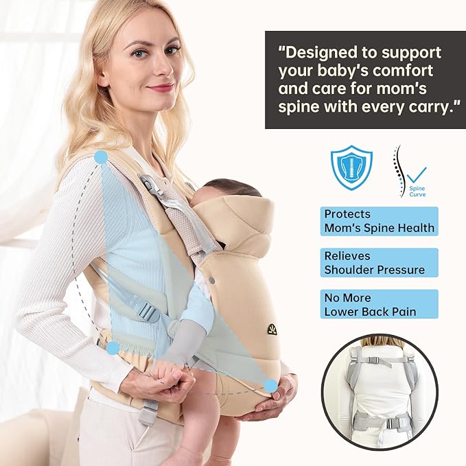Baby Carrier for Newborns to Toddlers, Adjustable, Ultra-Soft and Weightless, Ergonomic Baby Carrier with Head Support, Baby Travel Gear, Baby Essentials (Beige),
