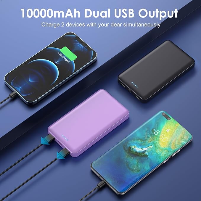 [2 Pack] Portable Charger Power Bank 10000mAh,Ultra Slim Compact External Battery Pack with USB C Input & Dual USB Outputs Backup Charger Compatible with iPhone 14,13, Samsung S20,Tablet-Black+Purple