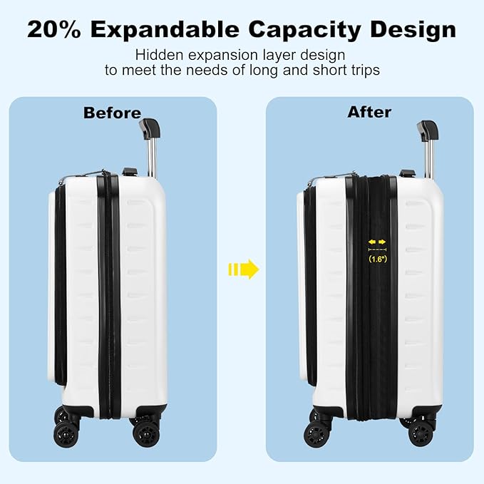 Expandable Carry On Luggage Airline Approved, 20 Inch Lightweight ABS+PC Hard Shell Suitcases with Front Pocket, Spinner Wheels, TSA Lock (White, 1PC)