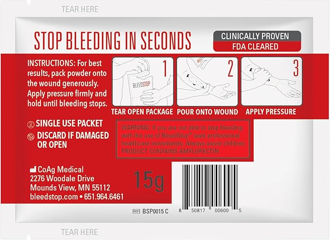 BleedStop™ First Aid Powder for Blood Clotting, Trauma Kit, Blood Thinner Patients, Camping Safety, and Survival Equipment for Moderate to Severe Bleeding Wounds or Nosebleeds - 4 (20g) Pouches