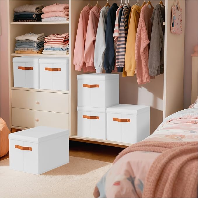 Storage Bins with Lids - Fabric Storage Baskets for Shelves, 4 Pack Foldable Decorative Boxes with Handles, Stackable Organizer Bins for Home, Nursery, Dorm, White