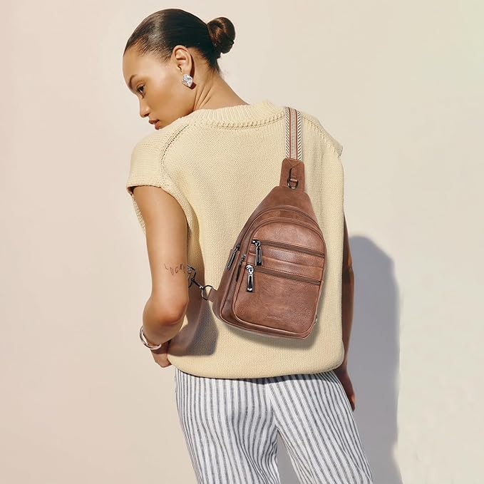 Sling Bag for Women Crossbody Bags Fanny Packs Over Shoulder Bag Sling Purse Backpack Vegan Leather Travel Brown