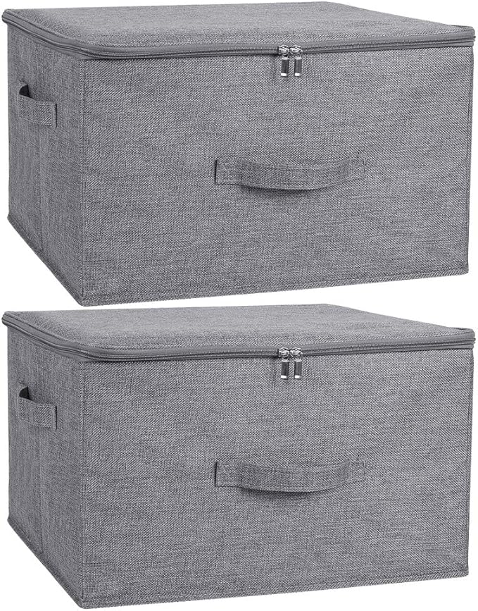 ANMINY 2PCS Storage Bins with Zipper Lids 51.9 Qt Lidded Fabric Storage Boxes Baskets Cubes with Handles Collapsible Washable Cotton Linen Closet Shelf Clothes Organizer - Gray, Extra Large