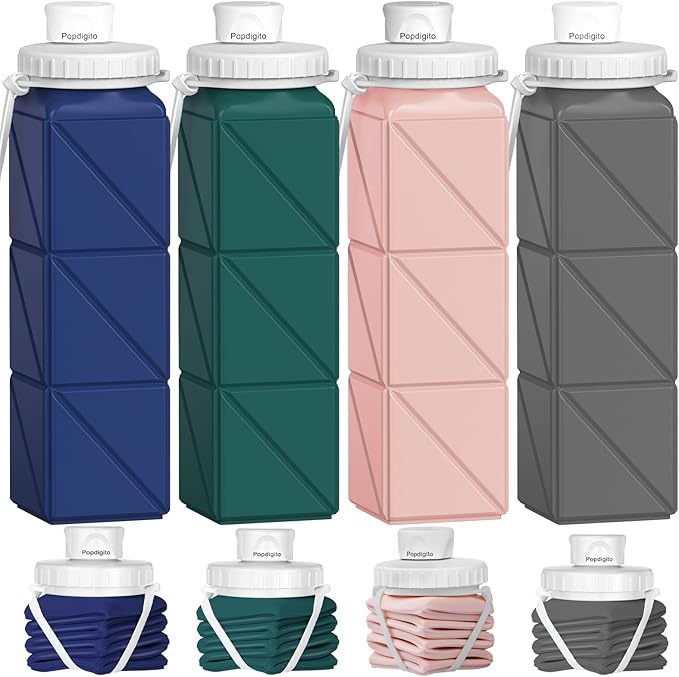 4pack Collapsible Water Bottles, 20.6oz Foldable Water Bottle BPA Free Reusable Lightweight LeakProof Travel Silicone Water Bottles for Travel, Gym, Hiking, Office, Camping, Sports Portable