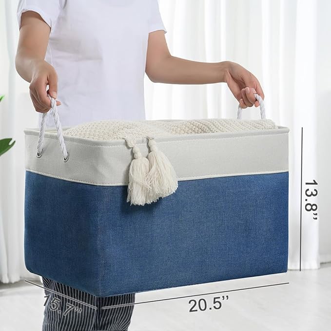 TheWarmHome Organization and Storage Basket for Shelves - Jumbo 3 Pack 20x16x14 inch Collapsible Storage Bins for Organizing, Canves Storage Cubes for Gift Organizer Toys Closet (White & Jean Blue)