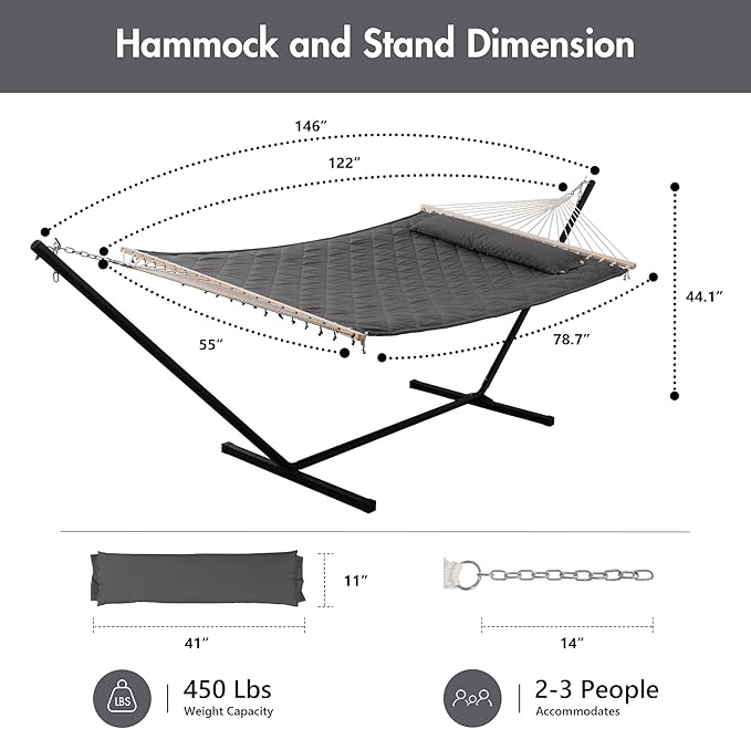 ANOW Double Hammock with 12FT Heavy Duty Steel Stand Included, 2 Person Hammock with Stand for Outdoors, 450 LBS Weight Capacity, Gray