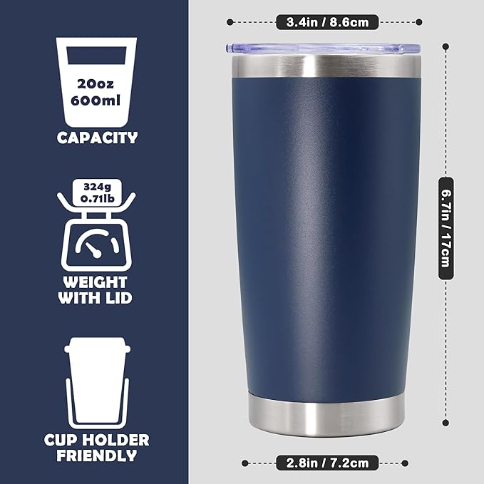 20oz Tumbler Bulk Stainless Steel Tumbler Cup with Lid Vacuum Insulated Double Wall Travel Mug, Durable Powder Coated Travel Coffee Tumbler Mug for Hot & Cold Drinks, Navy,8 Pack