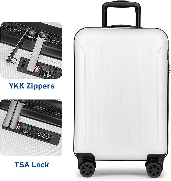 KYME Suitcase Hardshell With Double Spinner Wheels, PC+ABS TSA Lock Travel Luggage (White, 20" Carry On)