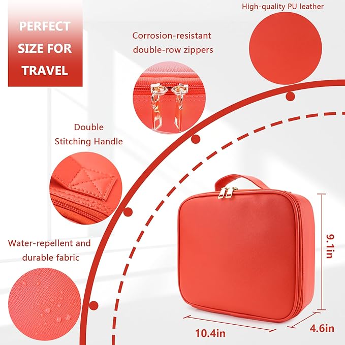Travel Makeup Bag for Women and Makeup Artists Cosmetic Organizer Large Makeup Case,Travel Makeup Bag with Mirror 3 Color Setting,Portable Storage and Adjustable Dividers(red)