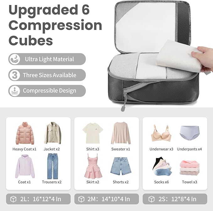 8 Set/6 Set/4 Set Compression Packing Cubes for Travel, Lightweight Vacation Travel Essentials, Travel Accessories for Suitcase Organizer Bags Set, Durable Luggage Organizer