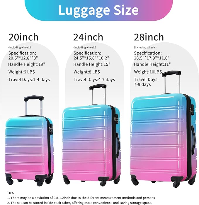Merax Luggage Sets 3 Piece, Hardside Expandable Suitcase Set with Spinner Wheels, Lightweight Gradient Color Luggage 20+24+28 IN, Blue and Red