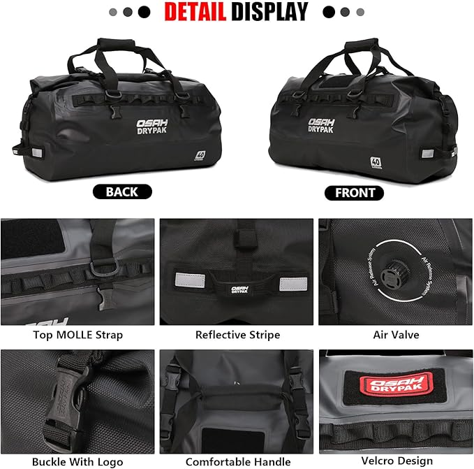 Waterproof Duffel Bag - Motorcycle Dry Bag 40L Tail Bag with Large Storage Space, Waterproof Duffle Bags with Outer Mesh Zipper Pocket for Camping, Kayaking, Fishing & Traveling-Grey