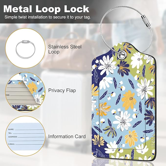 2Pack Luggage Tags for Suitcases, Cute Unique Pu Leather Cruise Luggage Tag with Privacy Cover ID Label Address Card and Metal Ring Suitable for Women Men Kids Travel Bag Yellow and White Floral Print