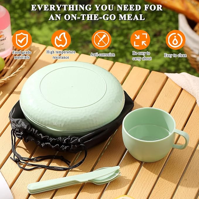 HOMQUEN 6-Piece Camping Mess Kit with Bowl, Plate, Cup, Spoon, Fork, Knife and Carry Bag, Plastic Camping Accessories Essentials Gear for Travel, Camping, Picnic, Outdoor, Easy to Carry & Store