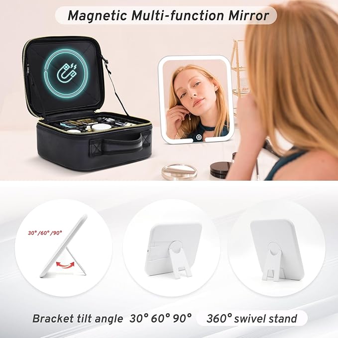 Makeup Bag with Magnetic Detachable Lighted Mirror 360° Swivel Angle, Travel Makeup Bag with Lights Portable Makeup Case Organizer with Mirror, Partition Cosmetic Bag Tools Accessories Train Case Gift