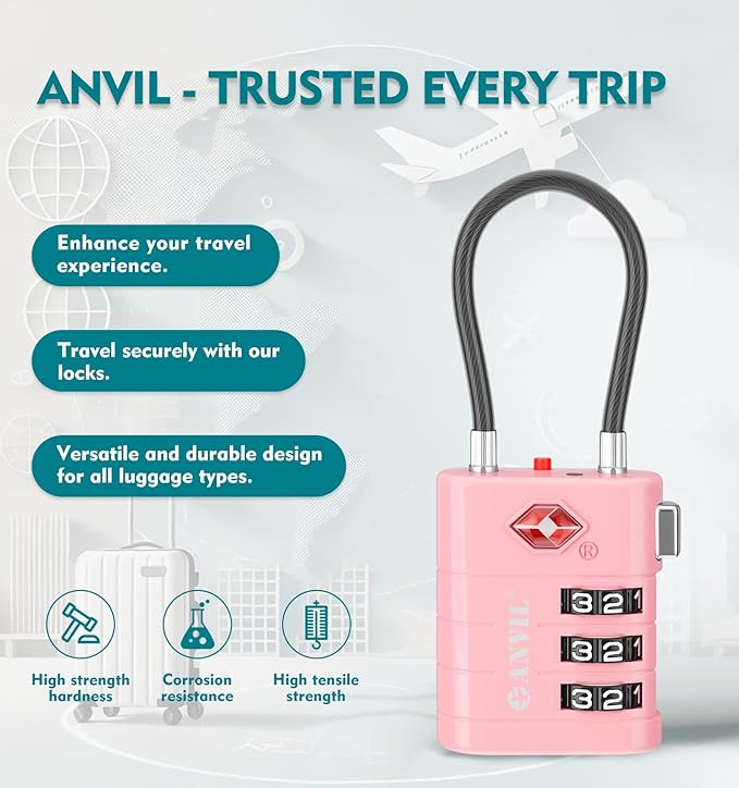 ANVIL TSA Approved Luggage Locks – High Security TSA008 Combination Travel Locks with Inspection Indicator for Suitcases and Backpacks. (4 Colors)