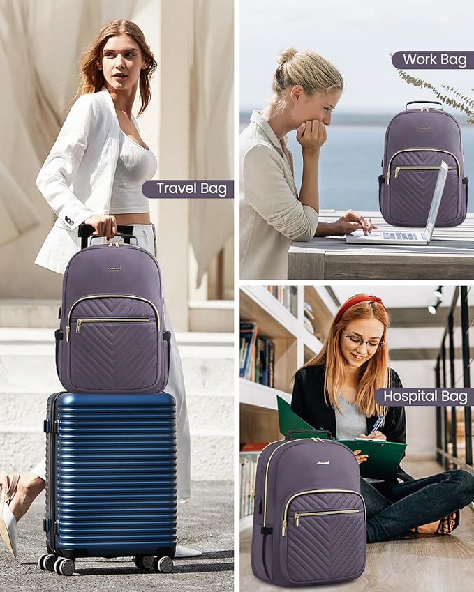 LOVEVOOK Laptop Backpack for Women, Large Capacity Travel Computer Work Bag with 17-inch Laptop Compartment, Business Nurse Backpack Purse, Hiking Outdoor Carry On Backpack, Purple Grey