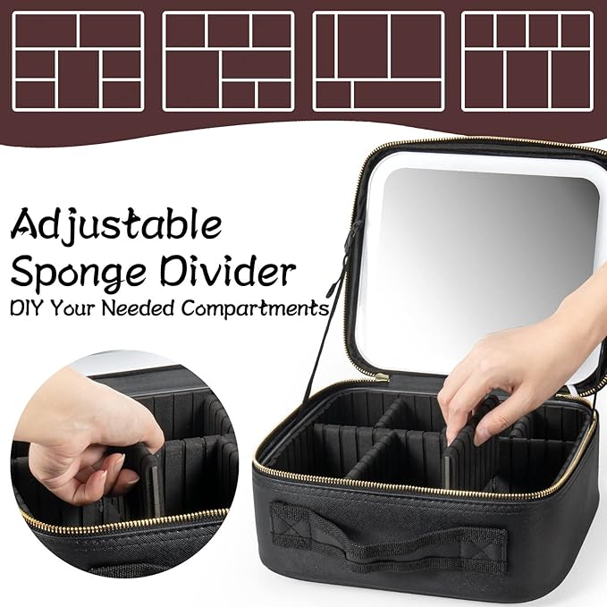Makeup Travel Train Case with Mirror LED Light 3 Adjustable Brightness Large Cosmetic Bag Portable Storage Adjustable Partition Waterproof Makeup Brushes Make up Jewelry Gift for Women