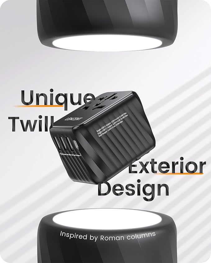 LENCENT Universal Travel Power Adapter, International AC Plug Adaptor with 3 USB A Ports 1 Type C PD Wall Charger Worldwide Travel Essentials for US to EU UK Ireland Australia (Type C/G/A/I) Black