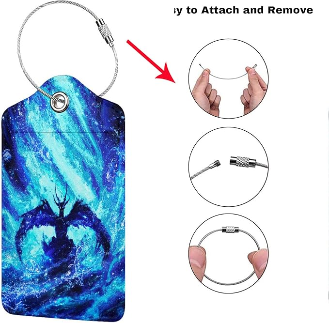 Set of 2 Dragon Luggage Tags for Suitcases Travel, Cool Blue Bag Tags for Luggage Backpack with Privacy Cover Id Label, Stainless Steel Loop and Address Card