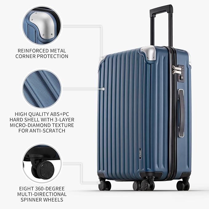 LEVEL8 Grace Luggage Sets Hardshell Suitcase with Wheels, Sturdy Large Suitcase Tsa Lock 20 Inch Expandable Carry on 24 Inch 28 Inch Checked Luggage, 3-Piece Set (20/24/28), Blue