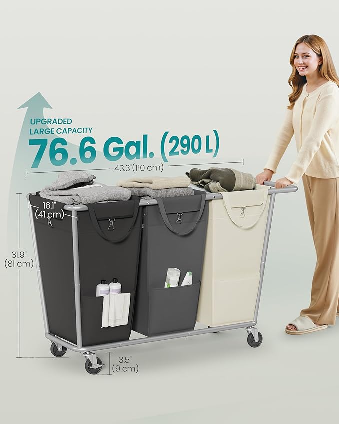 SONGMICS Laundry Basket with Wheels, 3-Section Laundry Sorter, 76.6 Gallons (290 L) Rolling Hamper with Removable Bags, Heavy-Duty Steel Frame, Cream White, Dark Gray and Ink Black URLS010X01