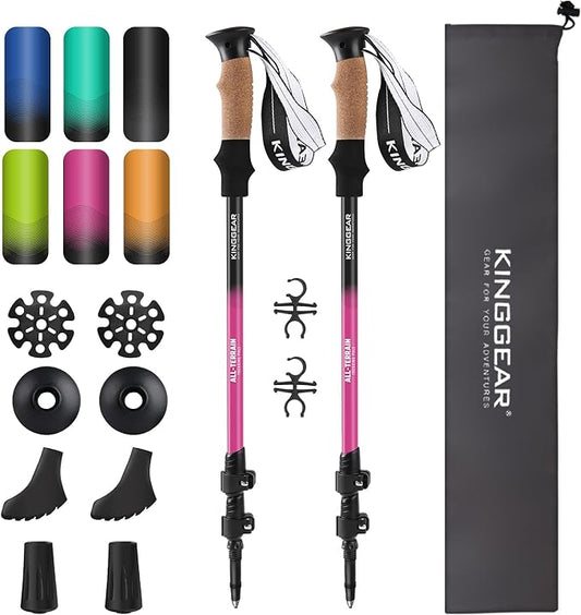 KINGGEAR Nordic Walking Stick, TP1 Hiking Poles Retractable Lightweight 7075 Aluminum, Trekking Poles with Flip Lock, Natural Cork and EVA Grip, 2pc Hiking Gear