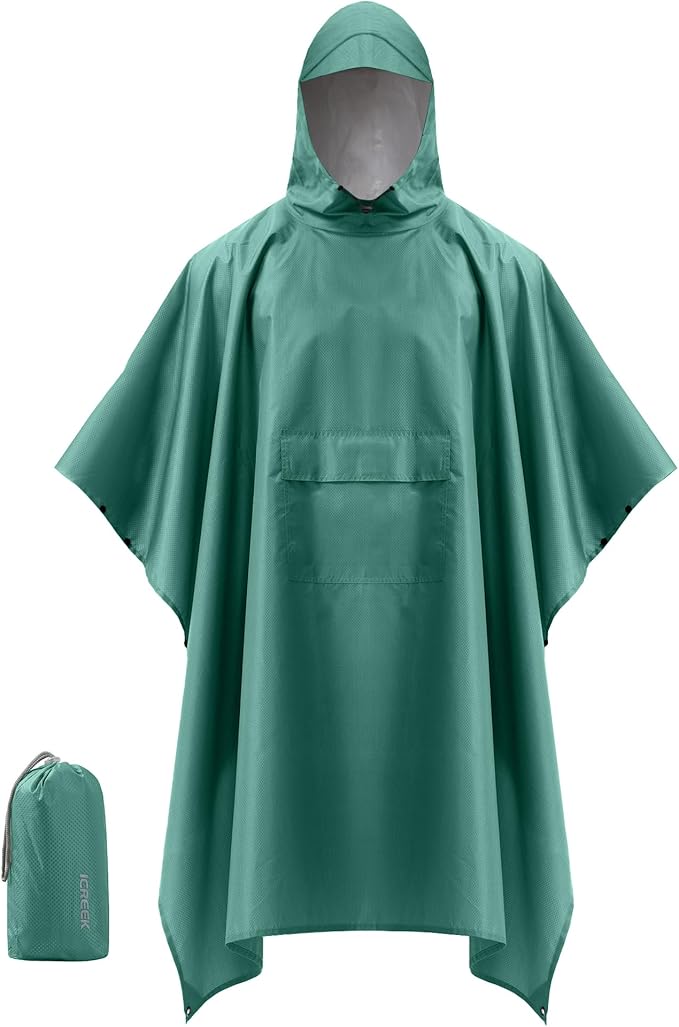 iCreek Hooded Rain Poncho with Pocket Waterproof Lightweight Unisex Raincoat Jacket for Hiking, Camping, Outdoor