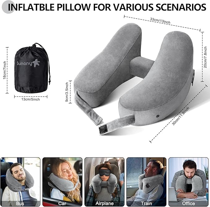 Sunany Neck Pillow for Travel Inflatable Airplane Pillow Comfortably Supports Head, Neck and Chin, Inflatable Travel Pillow with Soft Velour Cover and Portable Drawstring Bag (Grey)