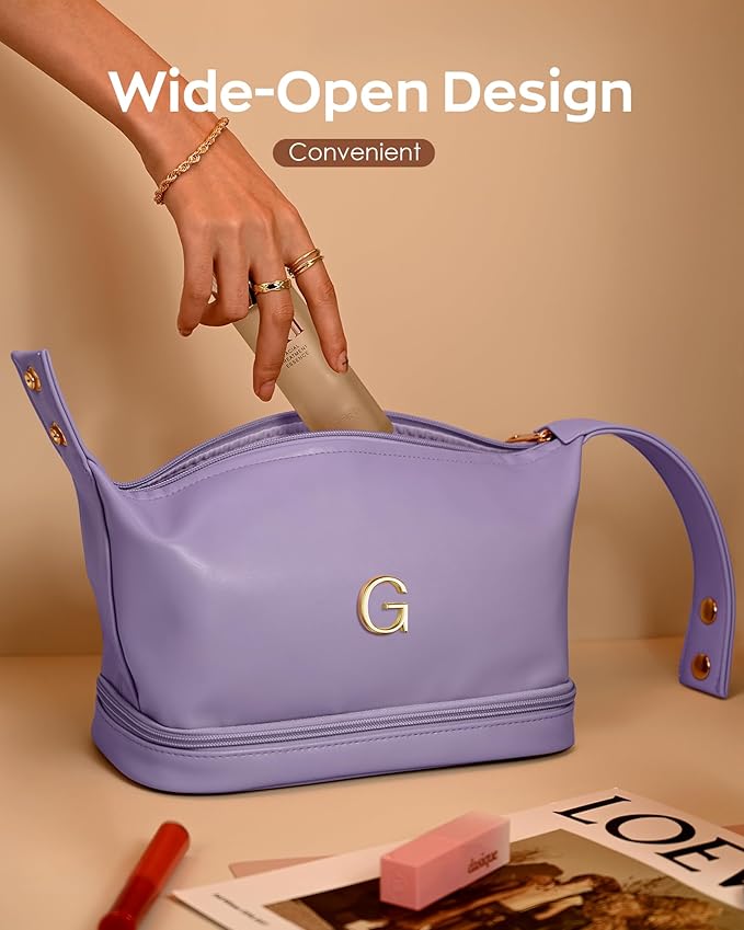 Gifts for Female, Personalized Makeup Bags with Handle, Waterproof Double Layer Cosmetic Bag, Large Capacity PU Leather Makeup Bags Letter Travel Toiletry Bag with Makeup Brush Organizer