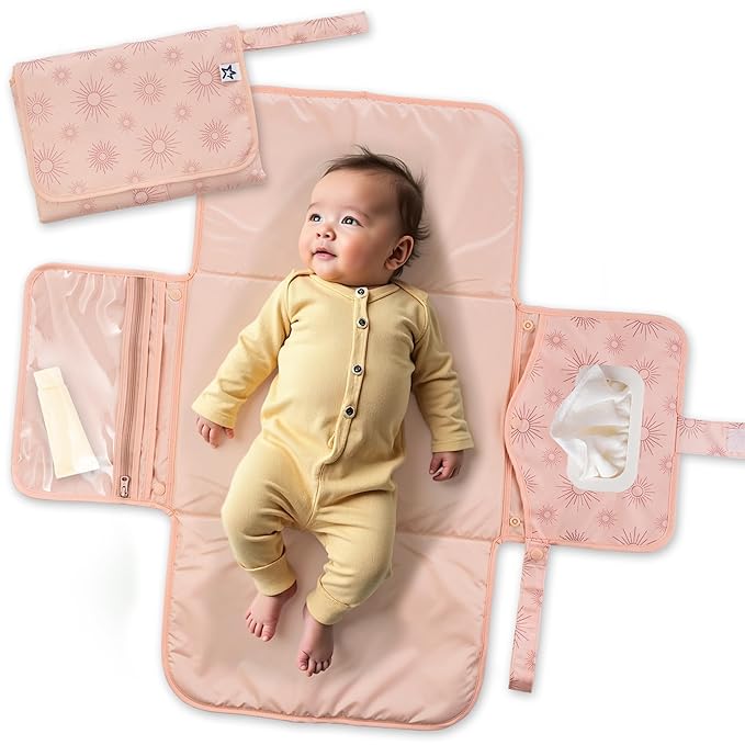 Tiny Twinkle Portable Diaper Changing Pad | Foldable Waterproof Changing Mat | Portable Changing Pad for Travel, Baby Changing Station with Smart Wipes Pocket & Storage (Shine)