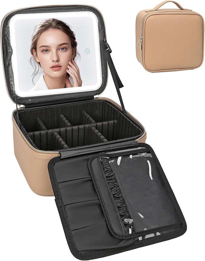 Relavel Makeup Bag with Light Up Mirror, Makeup Case Travel Cosmetic Bags Brush Organizer Storage Box, Rechargeable Vanity Mirror with 3 Color Lights, High Frame Mirror Protection (Brown)