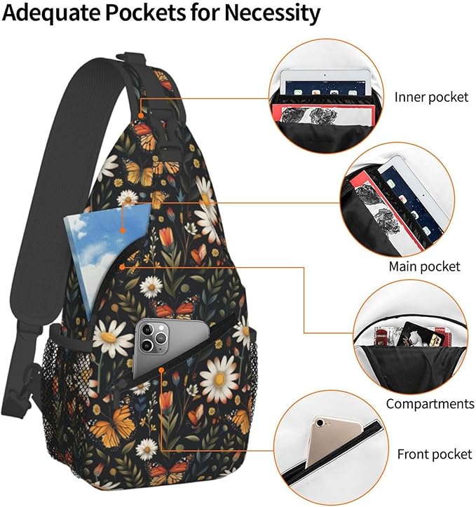SUPLUCHOM Sling Bag Vintage Butterfly Daisy Leaf Hiking Daypack Crossbody Shoulder Backpack Travel Chest Pack for Men Women