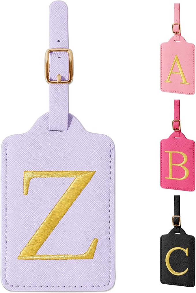 Personalized Initial Luggage Tags for Suitcase, Purple Leather Cute Luggage Tags with Privacy Cover Name Card, Embroidered Custom Monogrammed Luggage Tag Travel Backpack Tags Gifts for Women Kids(Z)