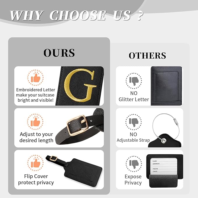 Personalized Initial Luggage Tags for Suitcase TSA Approved, Black Leather Cute Luggage Tag with Privacy Cover Name Card, Embroidered Custom Luggage Tags Travel Backpack Tags Gifts for Women Kids(G)