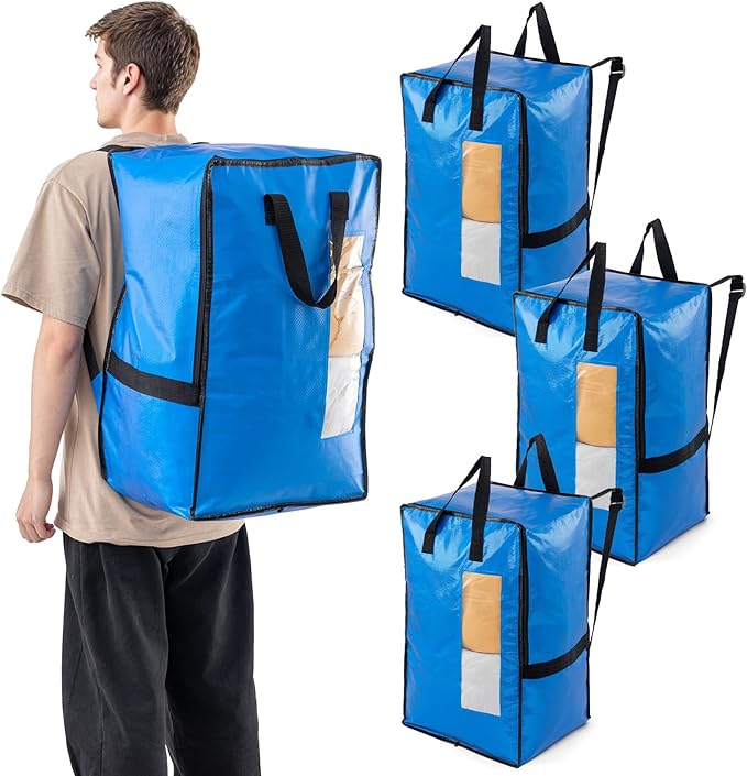 TAILI 4 Pack Blue Moving Bags w/Adjustable Backpack Straps, Moving Supplies, Moving Boxes Alternative, Heavy Duty Storage Totes for College Packing, Camping Backpack for Travel, Dorm, Laundry