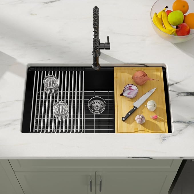 Dcolora 33 inches Granite Composite Kitchen Sink Workstation Black Undermount Single Bowl Large Kitchen Sink 33"W x 19"D x 10"H, DC-GU7743