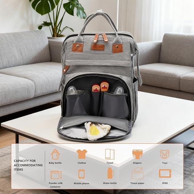 Baby Diaper Bag Backpack with Changing Station, Waterproof Large Capacity Baby Bag with USB Charging Port, Lightweight Travel Backpack Diaper Bag with Portable Crib - Grey