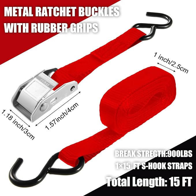 16 Pcs Cambuckle Tie Down Straps 1763lbs Break Strength Securing Straps 1'' x 15 ft Cambuckle Tie Downs with S Hook for Motorcycle, Kayak, Car, Truck, Boat Moving, Securing Cargo(Red)