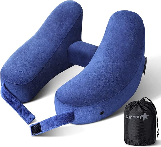 Sunany Neck Pillow for Travel Inflatable Airplane Pillow Comfortably Supports Head, Neck and Chin, Inflatable Travel Pillow with Soft Velour Cover and Portable Drawstring Bag (Blue)