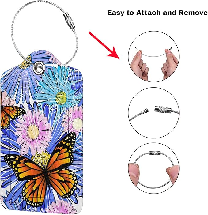Set of 2 Artistic Flowers Luggage Tags with Butterfly Pattern, Pretty Suitcase Tag Privacy Name ID Card Pink Blue Floral Travel Bag Labels with Stainless Steel Loop for Women Girls Kids Adult