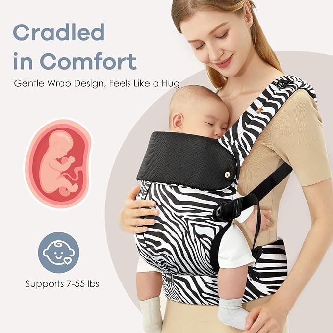 Baby Carrier with Lumbar Support, Cozy Baby Carrier Newborn to Toddler with Adjustable Seat Size, Ergonomic Infant Carrier with 3-Way Carry, Front Facing Toddler Hodler Carrier for Mom & Dad, Zebra