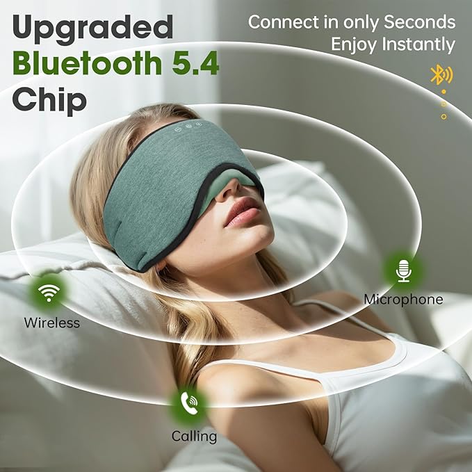 Sleep Headphones with Bluetooth 5.4 Sleep Mask, Bamboo Cotton Music Wireless Bluetooth Eye Mask for Sleeping, Earphones HD Speaker Microphone for Travel, Gifts for Men Women, Green