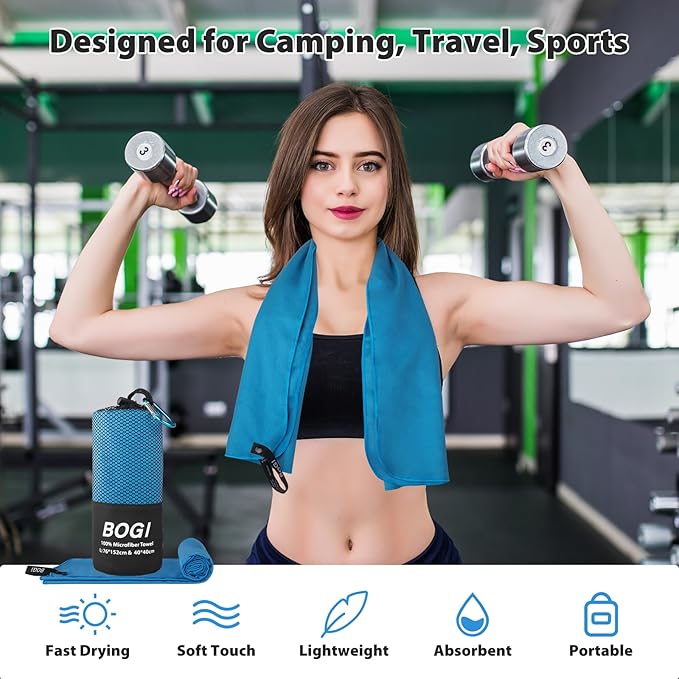 BOGI Microfiber Travel Sports Towel-Quick Dry Towel, Soft Lightweight Microfiber Camping Towel Absorbent Compact Travel Towel for Camping Gym Beach Yoga Swimming Backpacking (S:16''x32'',2Pcs-Blue)