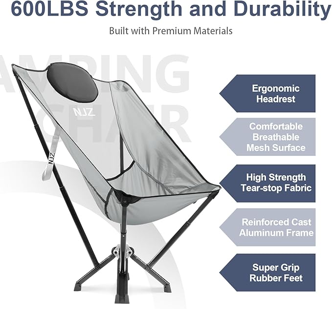 High Back Camping Folding Chairs - 600 LBS Capacity Heavy Duty Camping Chair with Comfortable Backrest & Headrest, Quick Setup - Compact Camp Chair for Picnic, Fishing, Beach, Lawn - Silver