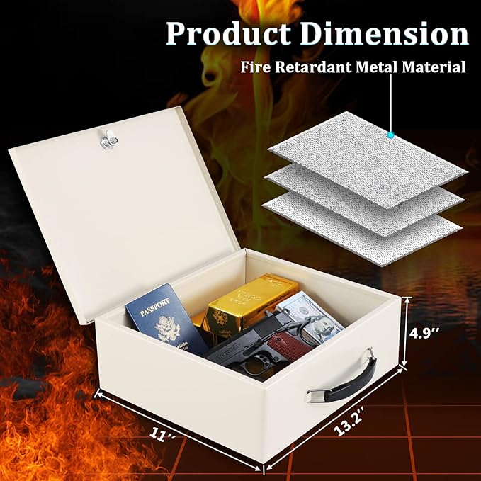 Dalmbox Portable Fire Safe Box with Key Lock, Fire Resistant Metal Lock Box for Documents, Security Strong Storage Box Safety Deposit Box for Home, Outside, Car, XL Large,13.2”x 11”x 5.1'', Beige