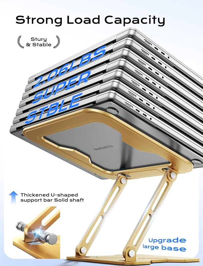 Adjustable Laptop Stand for Desk, Metal Foldable Laptop Riser, Portable Laptop Holder Mount, Ventilated Cooling Computer Notebook Stand for MacBook Air Pro, All 10-16'' Notebooks Laptops, Gold