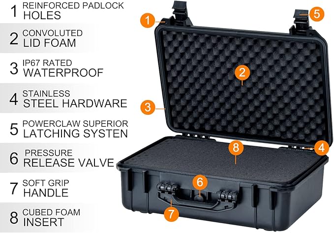 MEIJIA All Weather Portable IP67 Waterproof Protective Case, Hard Camera Case with customizable foam, Perfectly Protection of Camera, Drones,Pistols,Lens,Equipments,Black,18.5 x14.06x6.93inches