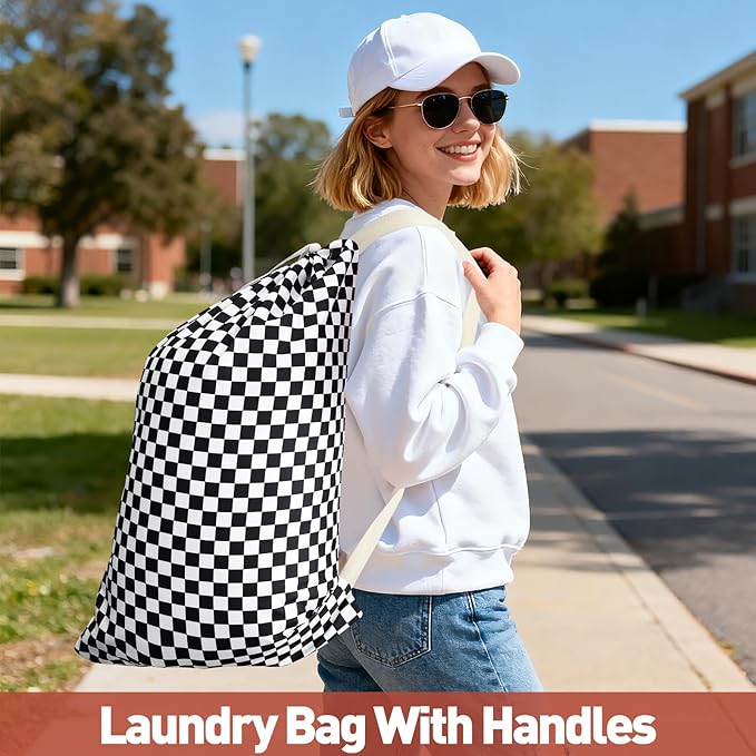 Laundry Bag, Dirty Backpack Laundry Bag For College Travel Laundromat Apartment, With Handles 29" X 18" (Black White Checkered)